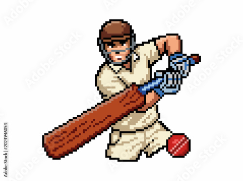 Pixel Art Cricket Batsman Hitting Ball Illustration