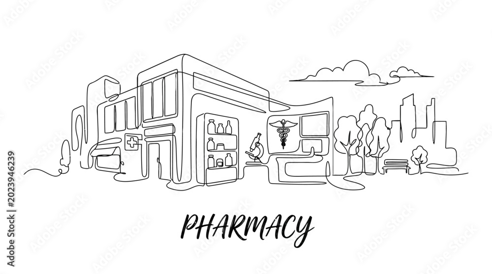 Obraz premium Minimalistic Line Art of a Modern Pharmacy Building with Outdoor Scene and Urban Elements in a Continuous Sketch Style