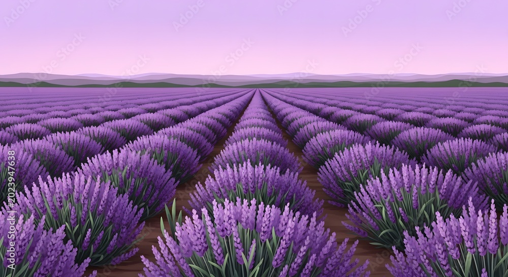 Naklejka premium Vast Lavender Field Under a Soft Purple Sky.