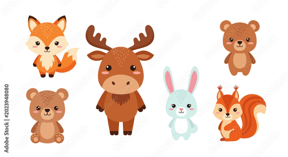 Fototapeta premium Cute Cartoon Forest Animals Collection: Fox, Bear, Moose, Rabbit, Squirrel