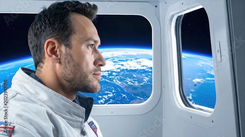 A man in a spacesuit looks out of a spaceship window at Earth in space