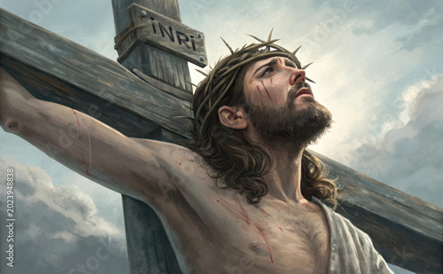 Jesus Christ suffering on cross during crucifixion event