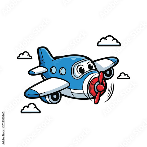 Blue Cartoon Airplane with Propeller in Sky