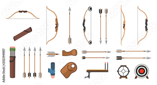 Photos Archery Equipment Collection: Bows, Arrows, Quiver, Targets, and Accessories