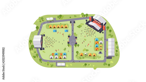 Flat Vector Music Festival Site Plan Map Illustration with Main Stage and Camping Area