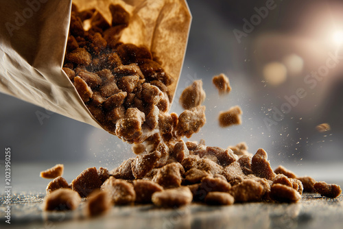 Food spills from an open package onto a flat surface, showing pieces falling and scattering in a lively display