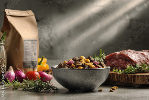 Fresh dog food mockup placed next to a bowl filled with kibble and fresh meat on a kitchen countertop