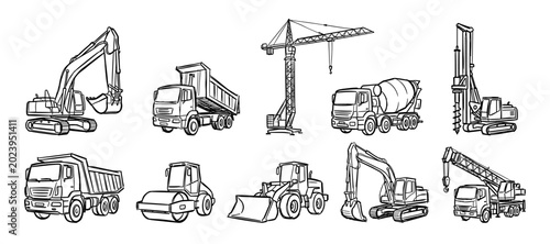 Construction machinery doodle set with excavator, dump truck, crane, cement mixer, bulldozer and loader vector illustration