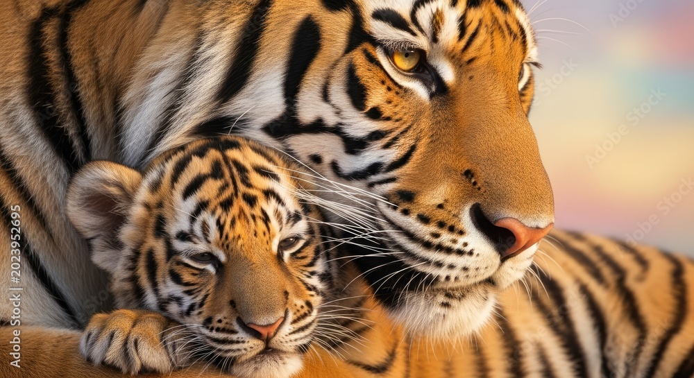 Obraz premium Tender Mother Tiger with Her Sleeping Cub