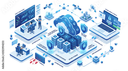 Cloud computing infrastructure and cybersecurity network architecture diagram featuring data servers and secure digital protection systems in a minimalist isometric blue illustration design concept