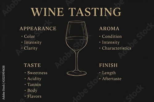 Wine Tasting Infographic Chart Analyzing Evaluation Criteria Including Appearance, Aroma, Taste, and Finish with Wine Glass Outline on Dark Background