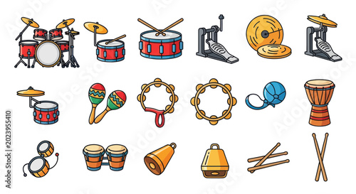 Photos Drum Set and Percussion Instruments Collection Vector Icons