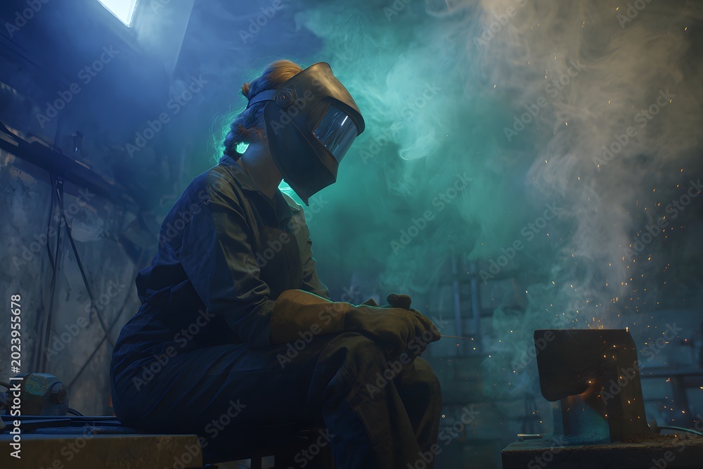 Fototapeta premium Solitary figure in a welding helmet resting within a hazy industrial environment filled with swirling smoke and dim light, depicting the quiet moment of a skilled artisan