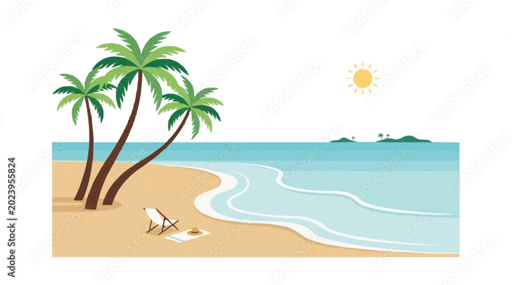 Fototapeta premium FLAT 2d minimalist Minimalist tropical beach scene with palm trees ocean waves and a sun lounger inviting relaxation and vacation vibes Silhouette PNG Isolated on transparent background vector