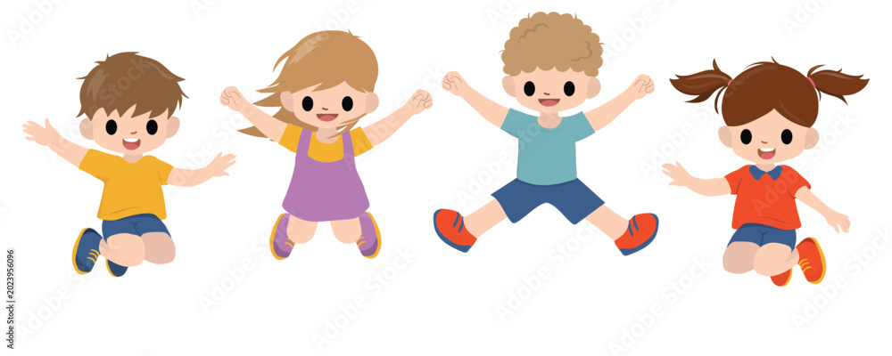 Obraz premium Happy Cartoon Kids Jumping, back to school concept. Cheerful Children Vector illustration. Character Set isolated on white background.