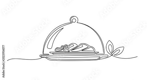 Elegant food presentation under glass cloche lid, single line art drawing, minimalist restaurant service