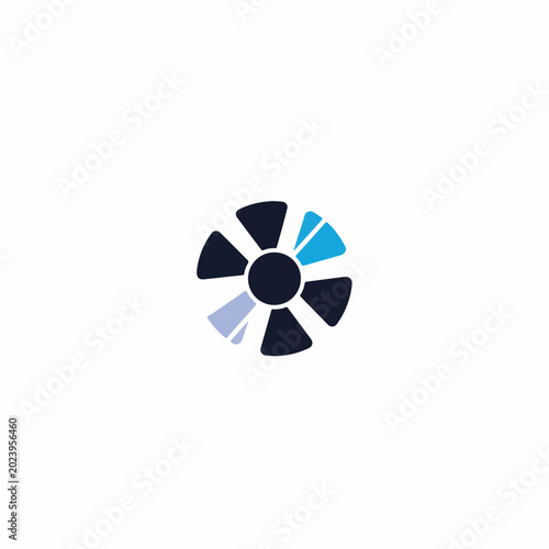 Abstract circular flower-like emblem with black petals and blue accents