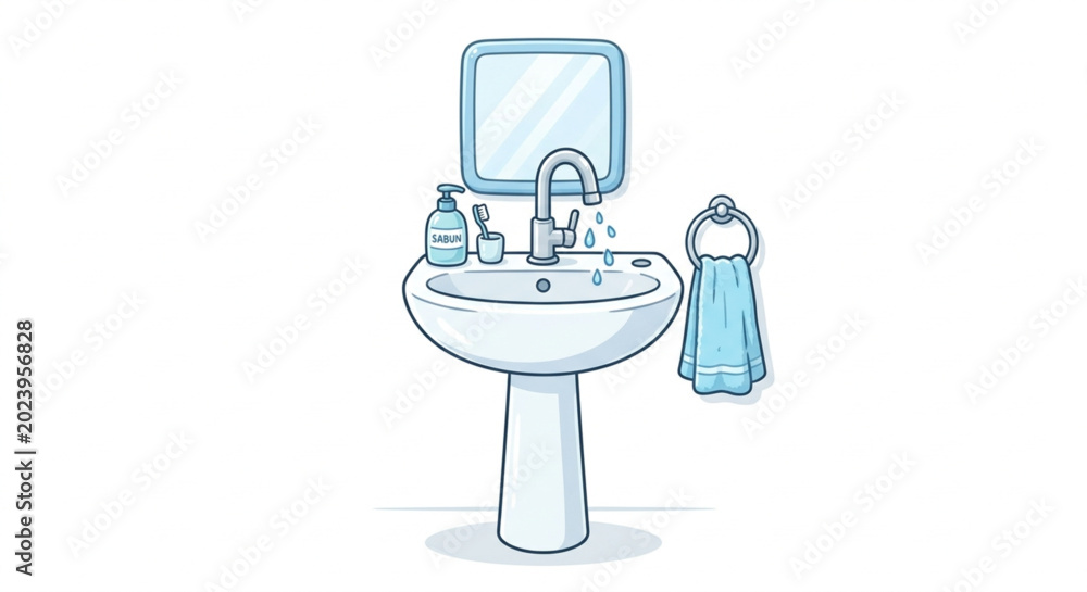 Obraz premium Ceramic bathroom sink washbasin with faucet mirror and hand towel vector illustration