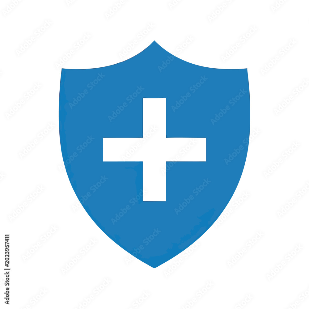 Fototapeta premium Blue Shield Icon with a White Medical Cross Symbol for Health Insurance.