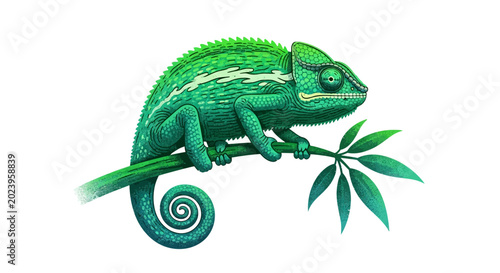 Tableau sur toile Artistic illustration of a green chameleon sitting on a tree branch isolated on