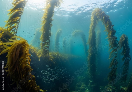Vibrant green underwater kelp forest standing tall in the deep blue sea highlighting environmental conservation.
