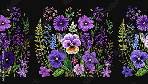 Vibrant Floral Border - A Stunning Display of Purple Pansies and Assorted Flowers on Black Background.