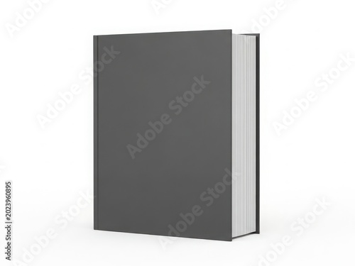 A sleek black book with a white spine standing upright on a white surface.