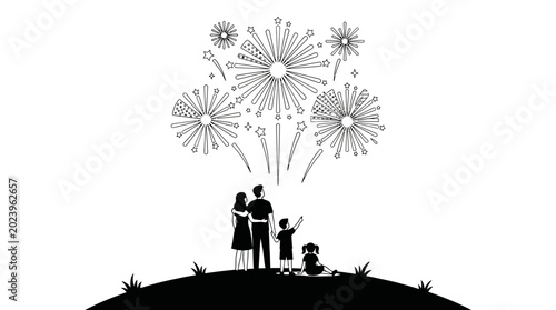 Silhouette of a happy family watching fireworks together.
