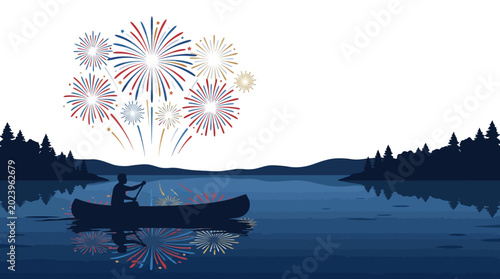Foto Silhouette of a lone person paddling a canoe on a calm lake.