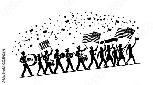 Vászonkép Silhouette of a marching band celebrating with American flags and confetti