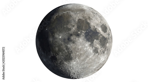 Highly detailed realistic full moon in high resolution showing grey surface craters and textures bright illumination and night sky