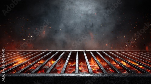 Empty cast iron grill grate with burning fire and smoke, barbecue background