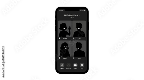 Foto Smartphone screen displaying a group video call interface with four participant silhouettes