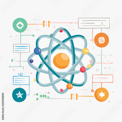 Stylized Atom Model with Orbiting Electrons and Diagrams