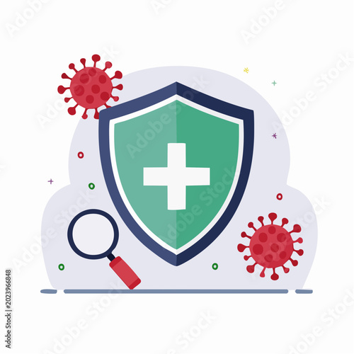 Shield with Cross and Coronavirus Icons, Magnifying Glass