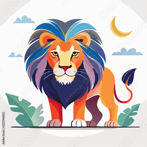 Stylized Lion Illustration with Colorful Mane and Crescent Moon