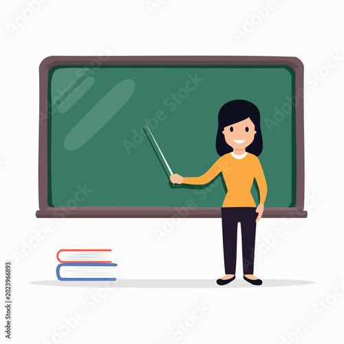 Teacher with Pointer at Green Chalkboard