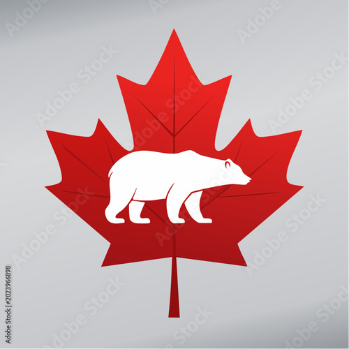 White Bear Silhouette on Red Maple Leaf