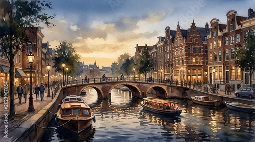 Charming Historic Canal Boats Gliding Beneath Arched Bridge at Sunset in European City