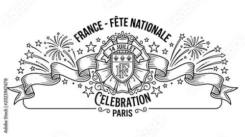 Vintage style France Fete Nationale emblem with ribbon and fireworks.