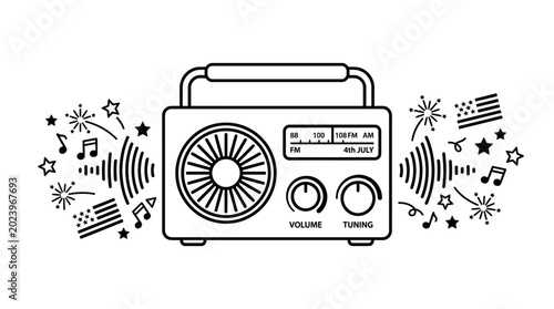 Obraz na płótnie Vintage style portable radio illustration with musical notes and patriotic symbols