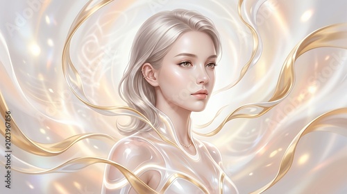 Ethereal Young Woman Gazing Calmly in Luminous Abstract Light