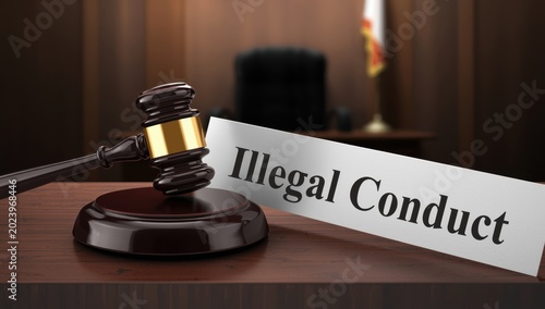 A judge's mallet and document stating unlawful behavior. Unlawful behavior refers to actions by an employee that violate federal law.