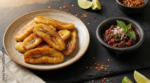 Golden crispy fried banana slices served alongside a savory dipping sauce, capturing a delicious culinary scene on a dark slate board with lime wedges and crushed chili pepper for a rustic meal. © Siti