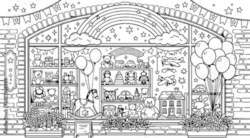Charming Toy Store Window Display with Teddy Bears and Rainbow