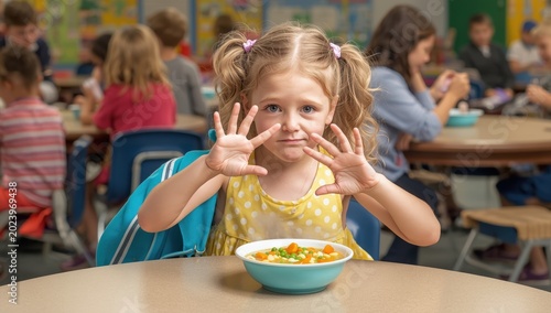 Child rejecting vegetable soup at a restaurant; picky eater avoiding lunch in school cafeteria.