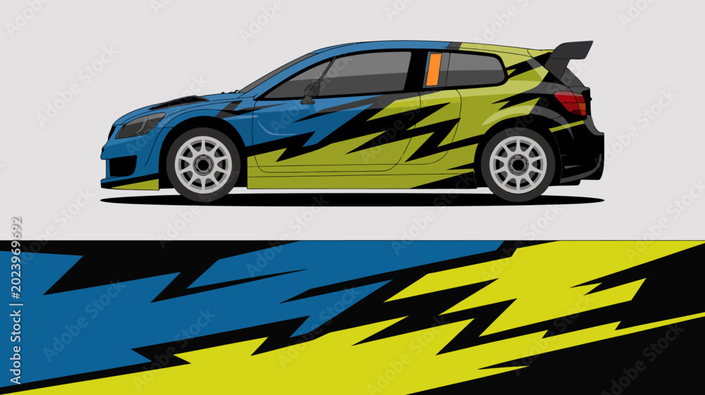 Obraz premium Car with Yellow Blue Graphics.