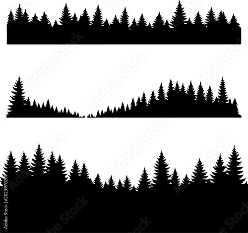 Pine tree forest silhouettes, black tree line borders, evergreen landscape vectors, scenic nature elements