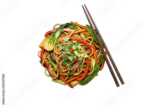 Photorealistic Black Bowl of Stir Fried Noodles with Fresh Garnish Isolated on Transparent Background