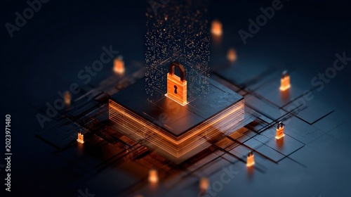 Isometric 3D Digital Fortress Gate with Futuristic Visual Elements